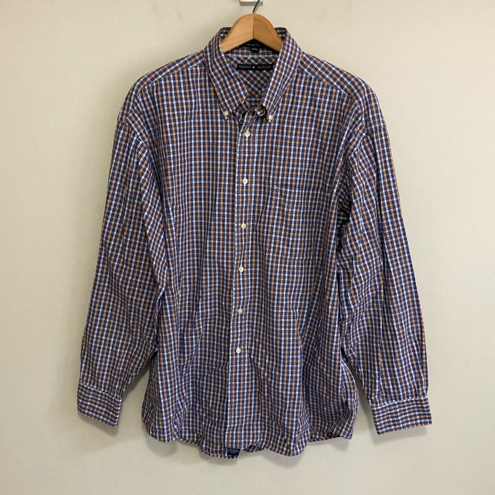 Tommy Hilfiger American Tartans Blue Yellow Checkered Plaid Button Down Shirt 17